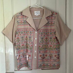 Meadows Sampler embroidered linen button-up short-sleeve top